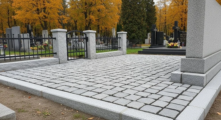 Благоустройство захоронений в Красноярске — мощение гранитной плиткой, цоколь и ограда на ухоженном участке