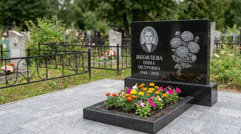 Гравировка хризантем на памятник в Красноярске — пример работы на граните