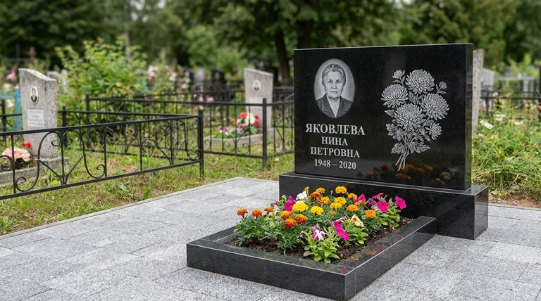Памятник с гравировкой хризантем — выполненная работа «Соколов» в Красноярске