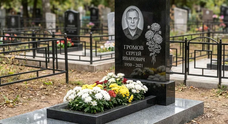 Памятник с гравировкой хризантем — выполненная работа «Громов» в Красноярске