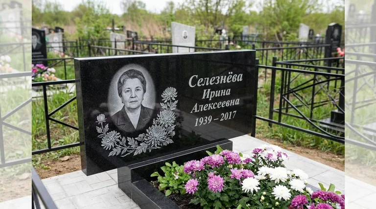Памятник с гравировкой хризантем — выполненная работа «Селезнёва» в Красноярске