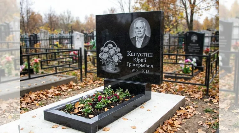 Памятник с гравировкой хризантем — выполненная работа «Капустин» в Красноярске