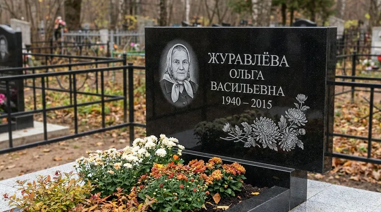 Памятник с гравировкой хризантем — выполненная работа «Журавлёва» в Красноярске