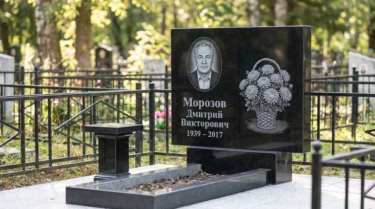 Памятник с гравировкой хризантем — выполненная работа «Морозов» в Красноярске