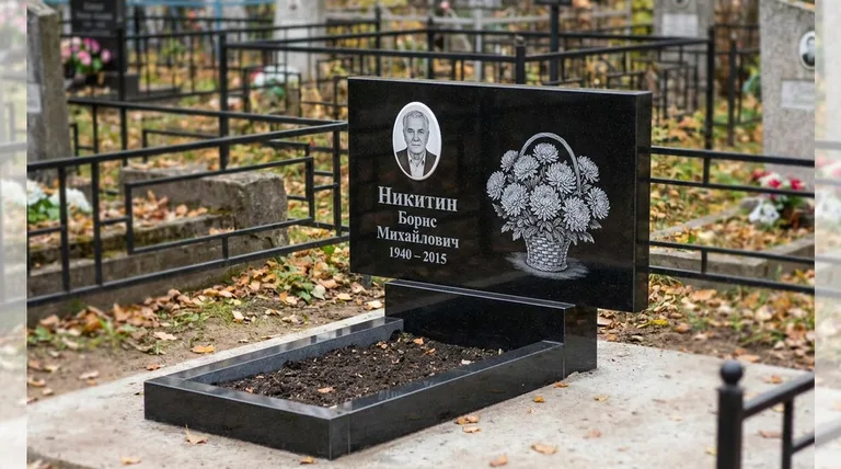 Памятник с гравировкой хризантем — выполненная работа «Никитин» в Красноярске