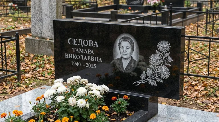 Памятник с гравировкой хризантем — выполненная работа «Седова» в Красноярске