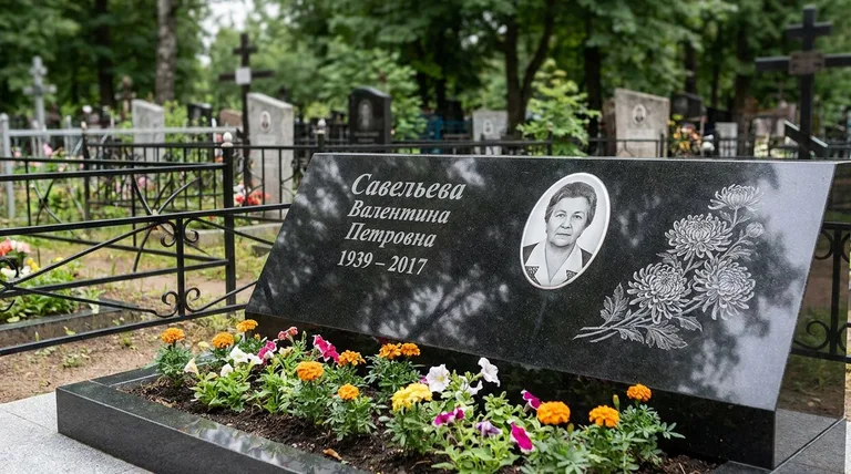 Памятник с гравировкой хризантем — выполненная работа «Савельева» в Красноярске