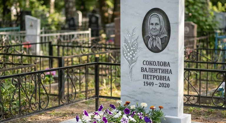 Памятник с гравировкой ландышей — выполненная работа «Соколова» в Красноярске