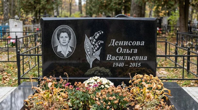 Памятник с гравировкой ландышей — выполненная работа «Денисова» в Красноярске