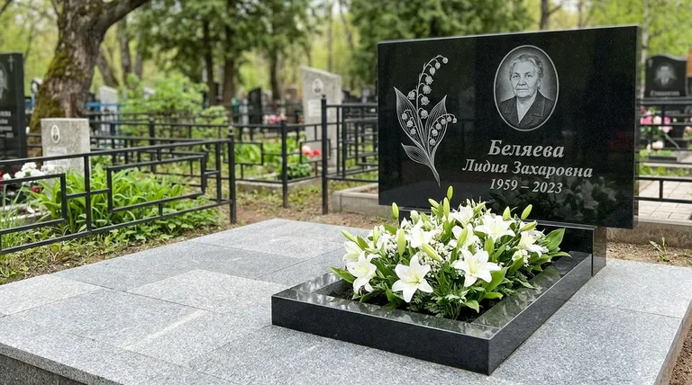 Памятник с гравировкой ландышей — выполненная работа «Беляева» в Красноярске