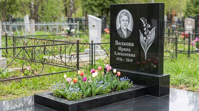 Памятник с гравировкой ландышей — выполненная работа «Волкова» в Красноярске