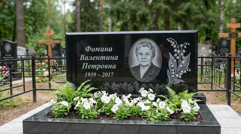 Памятник с гравировкой ландышей — выполненная работа «Фомина» в Красноярске