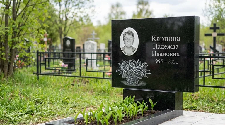 Памятник с гравировкой ландышей — выполненная работа «Карпова» в Красноярске