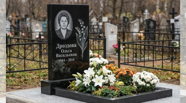 Памятник с гравировкой ландышей — выполненная работа «Дроздова» в Красноярске