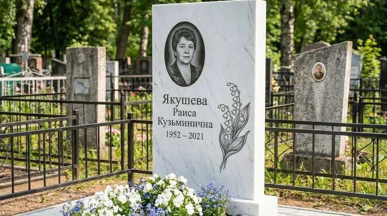 Памятник с гравировкой ландышей — выполненная работа «Якушева» в Красноярске