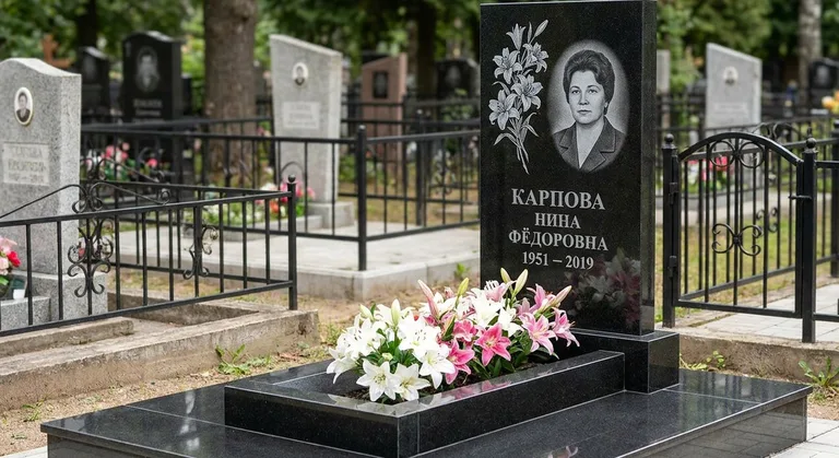 Памятник с гравировкой лилий — выполненная работа «Карпова» в Красноярске