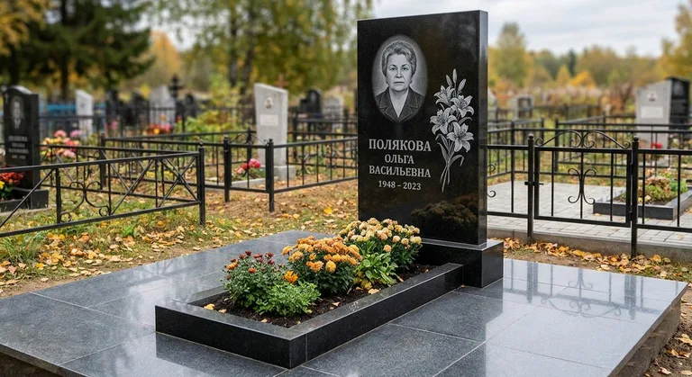 Памятник с гравировкой лилий — выполненная работа «Полякова» в Красноярске