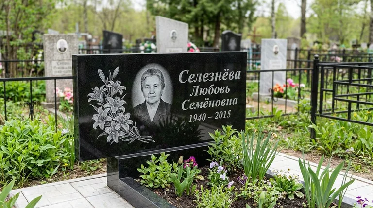 Памятник с гравировкой лилий — выполненная работа «Селезнёва» в Красноярске