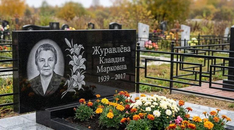 Памятник с гравировкой лилий — выполненная работа «Журавлёва» в Красноярске