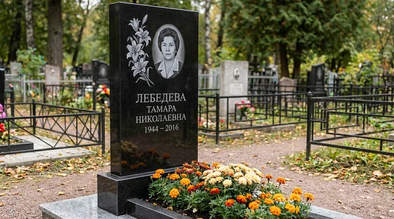 Памятник с гравировкой лилий — выполненная работа «Лебедева» в Красноярске