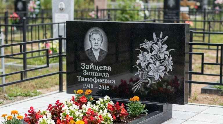 Памятник с гравировкой лилий — выполненная работа «Зайцева» в Красноярске