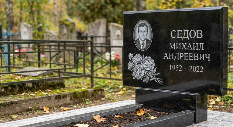 Памятник с гравировкой пионов — выполненная работа «Седов» в Красноярске