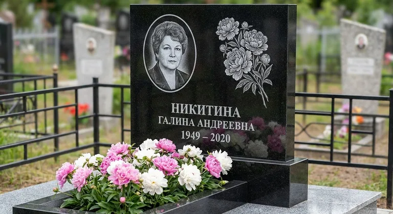 Памятник с гравировкой пионов — выполненная работа «Никитина» в Красноярске