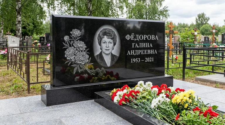 Памятник с гравировкой пионов — выполненная работа «Фёдорова» в Красноярске