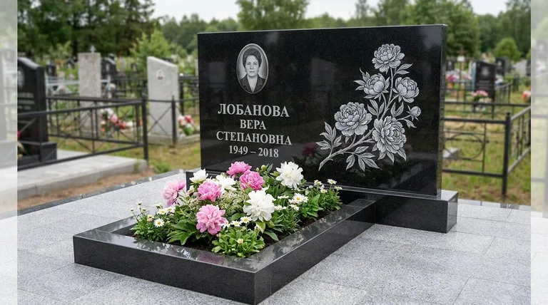 Памятник с гравировкой пионов — выполненная работа «Лобанова» в Красноярске