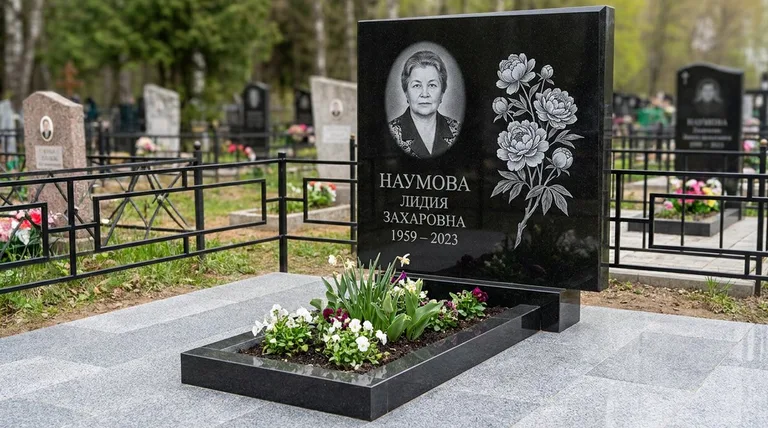 Памятник с гравировкой пионов — выполненная работа «Наумова» в Красноярске