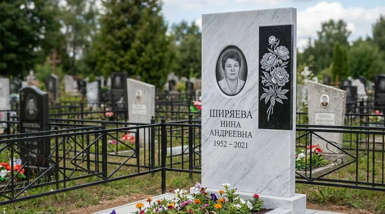Памятник с гравировкой пионов — выполненная работа «Ширяева» в Красноярске