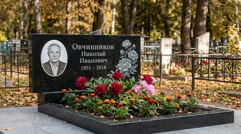 Памятник с гравировкой пионов — выполненная работа «Овчинников» в Красноярске
