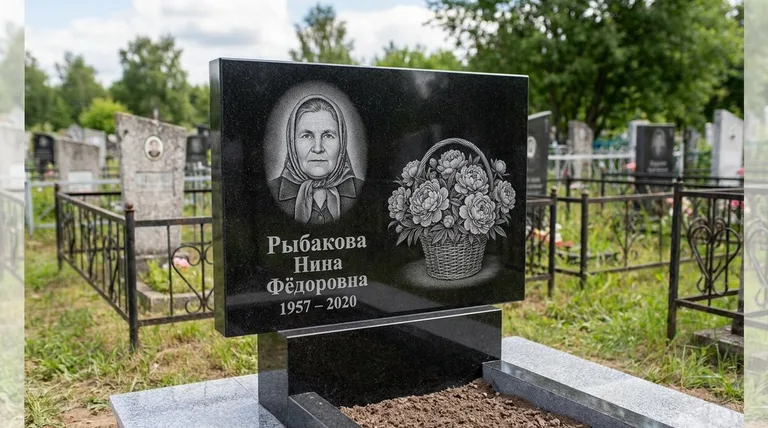 Памятник с гравировкой пионов — выполненная работа «Рыбакова» в Красноярске