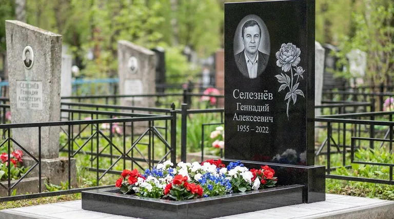 Памятник с гравировкой пионов — выполненная работа «Селезнёв» в Красноярске