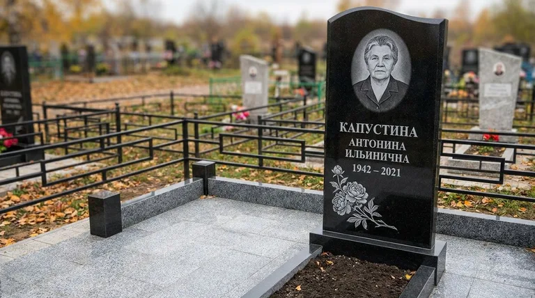 Памятник с гравировкой пионов — выполненная работа «Капустина» в Красноярске