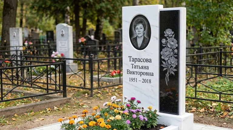 Памятник с гравировкой пионов — выполненная работа «Тарасова» в Красноярске