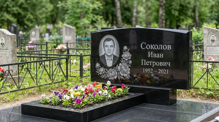 Памятник с гравировкой пионов — выполненная работа «Соколов» в Красноярске