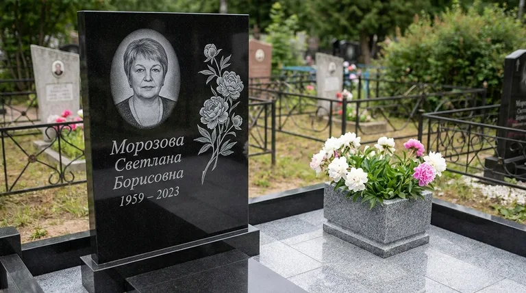 Памятник с гравировкой пионов — выполненная работа «Морозова» в Красноярске