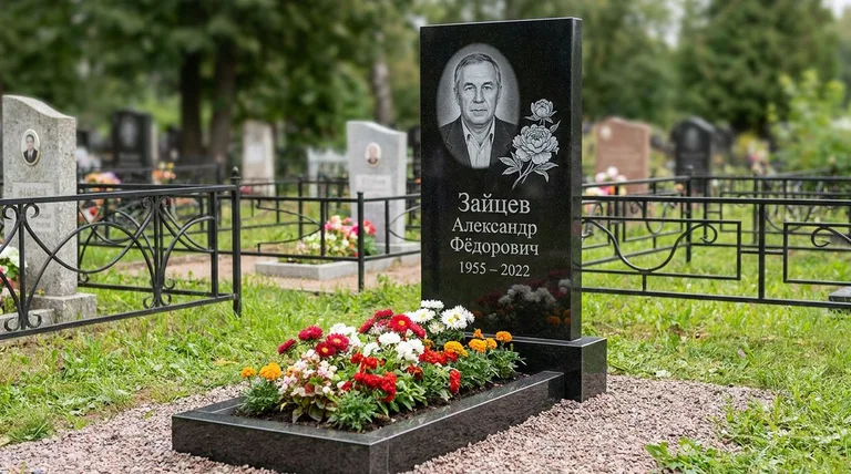 Памятник с гравировкой пионов — выполненная работа «Зайцев» в Красноярске