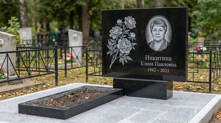 Памятник с гравировкой пионов — выполненная работа «Никитина» в Красноярске