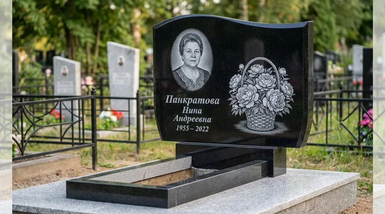Памятник с гравировкой пионов — выполненная работа «Панкратова» в Красноярске