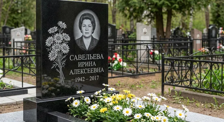 Памятник с гравировкой ромашек — выполненная работа «Савельева» в Красноярске