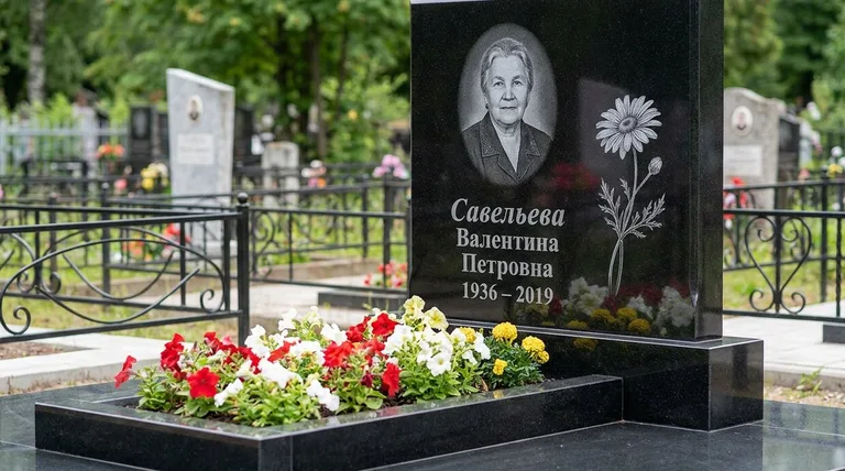 Памятник с гравировкой ромашек — выполненная работа «Савельева» в Красноярске