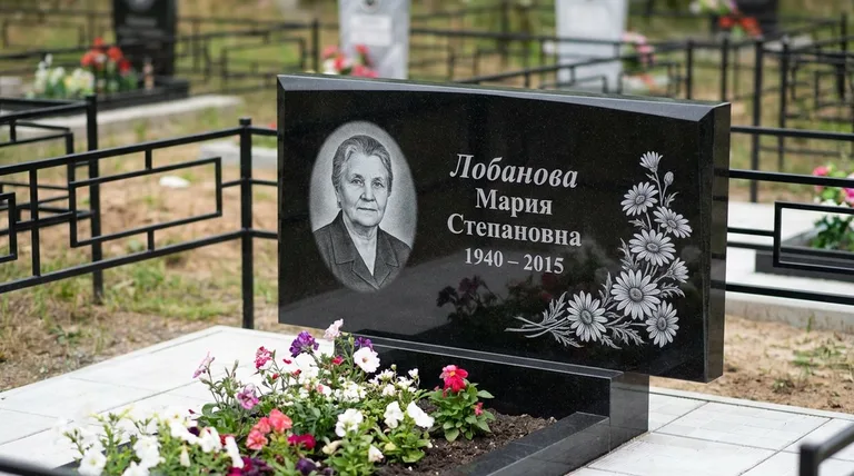 Памятник с гравировкой ромашек — выполненная работа «Лобанова» в Красноярске