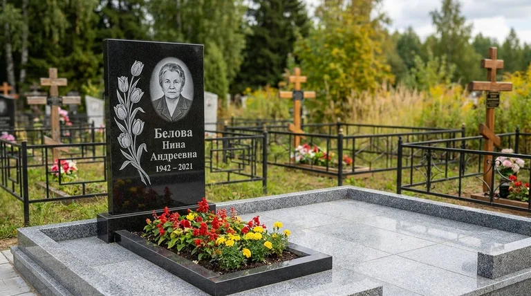 Памятник с гравировкой тюльпанов — выполненная работа «Белова» в Красноярске