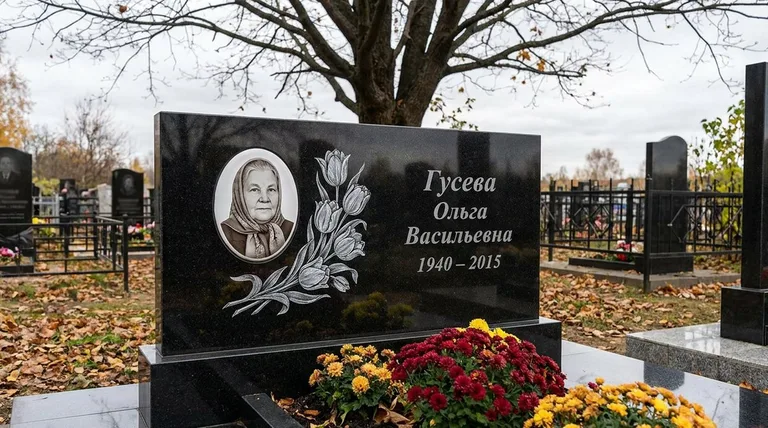 Памятник с гравировкой тюльпанов — выполненная работа «Гусева» в Красноярске