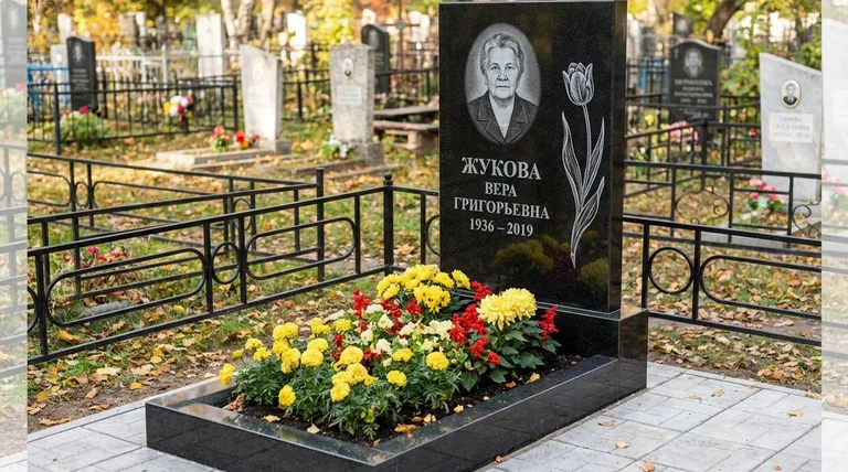 Памятник с гравировкой тюльпанов — выполненная работа «Жукова» в Красноярске
