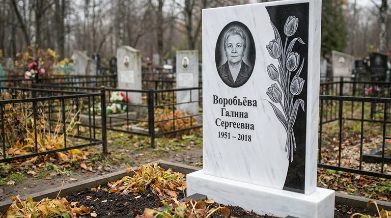 Памятник с гравировкой тюльпанов — выполненная работа «Воробьёва» в Красноярске