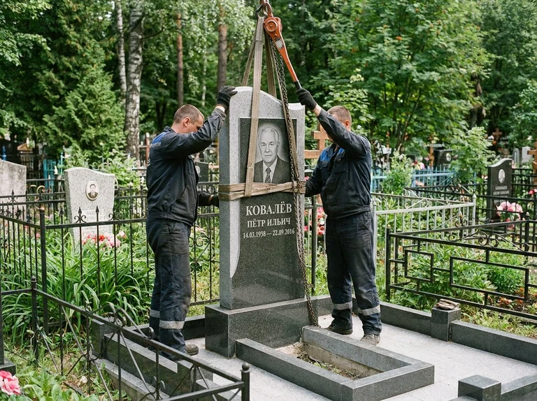 Демонтаж памятника на кладбище в Красноярске — бригада аккуратно снимает старый гранитный памятник с могилы
