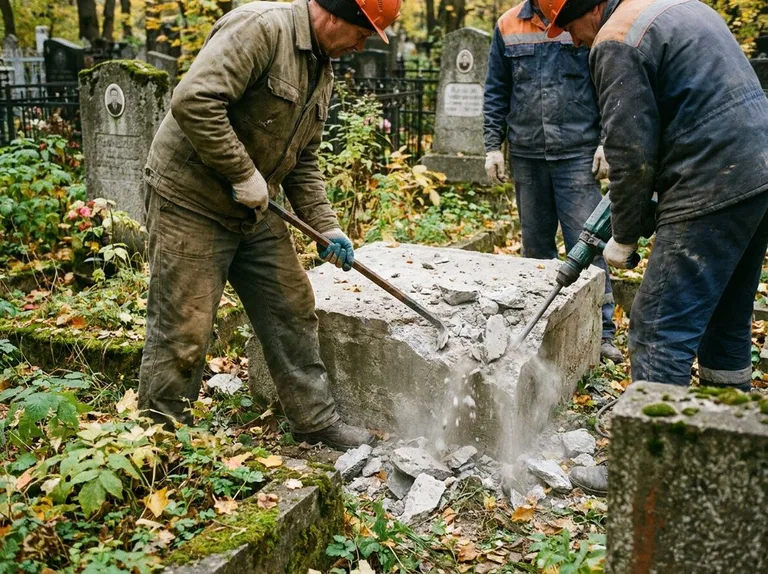 Демонтаж бетонного цоколя и тумбы памятника в Красноярске